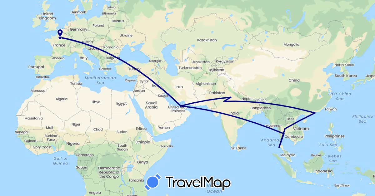 TravelMap itinerary: driving in United Arab Emirates, France, Hong Kong, India, Thailand (Asia, Europe)